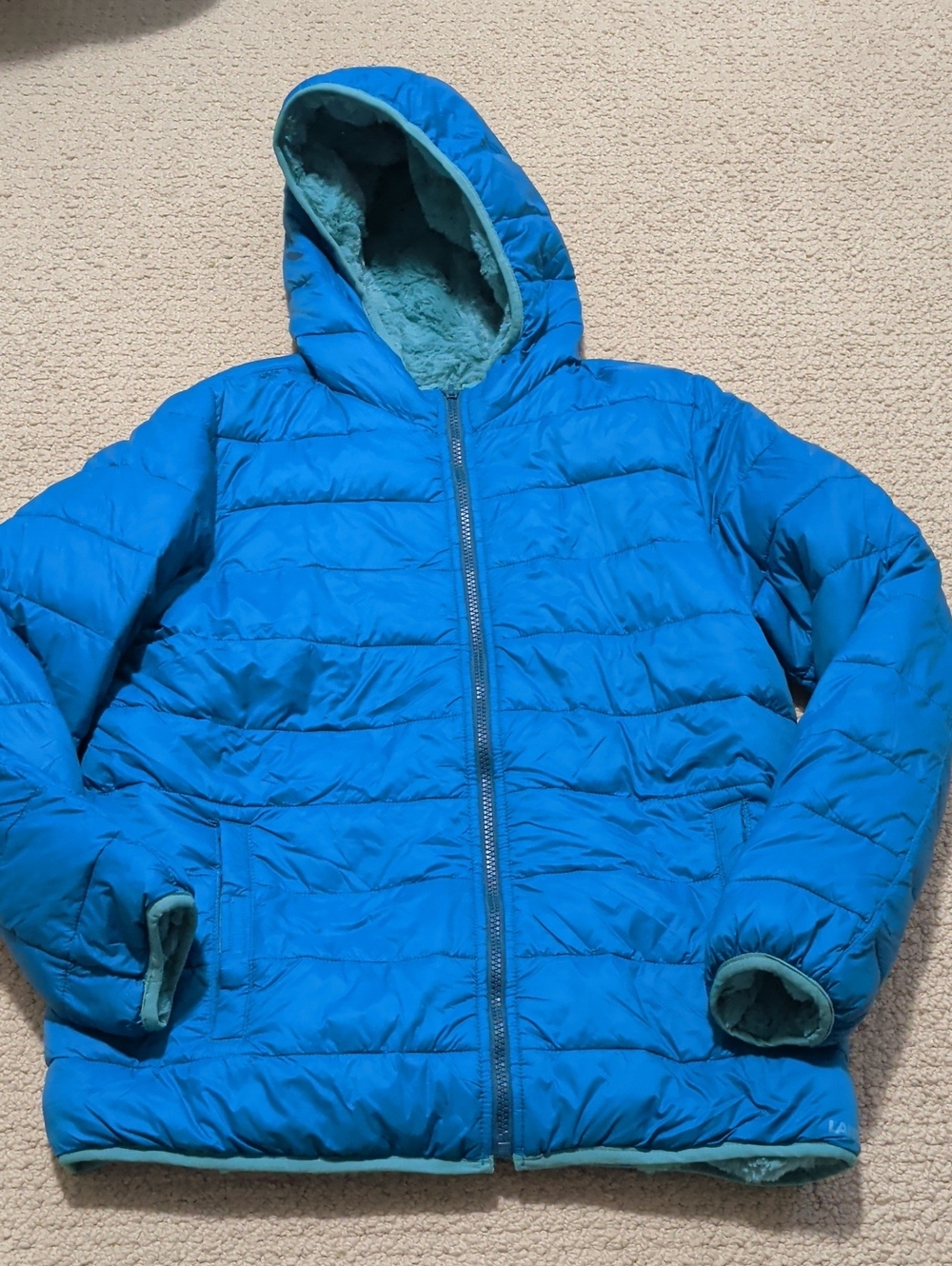 Lands' End Girls Teal-Trim Bright Blue Hooded Reversible Puffer